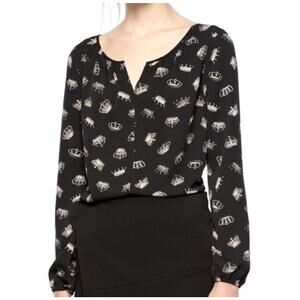 Thakoon Design Nation Top XS Relaxed Crown Print Split Neck Long Sleeve Black